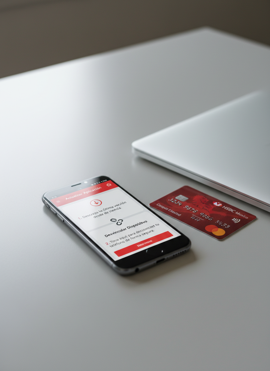 A sleek modern smartphone with the HSBC México app open on its screen, showing a clear step-by-step interface for updating and unlinking the app. The phone rests on a clean, light gray desk beside a closed, silver laptop and a neatly arranged red-and-white HSBC-branded card. Soft, diffused daylight from an unseen window creates gentle reflections on the glass screen and subtle shadows along the desk’s surface. Photographic realism with a professional, corporate aesthetic, shot at eye level with a shallow depth of field so the phone display is in crisp focus while the background softly blurs, conveying clarity, security, and trustworthy digital support.