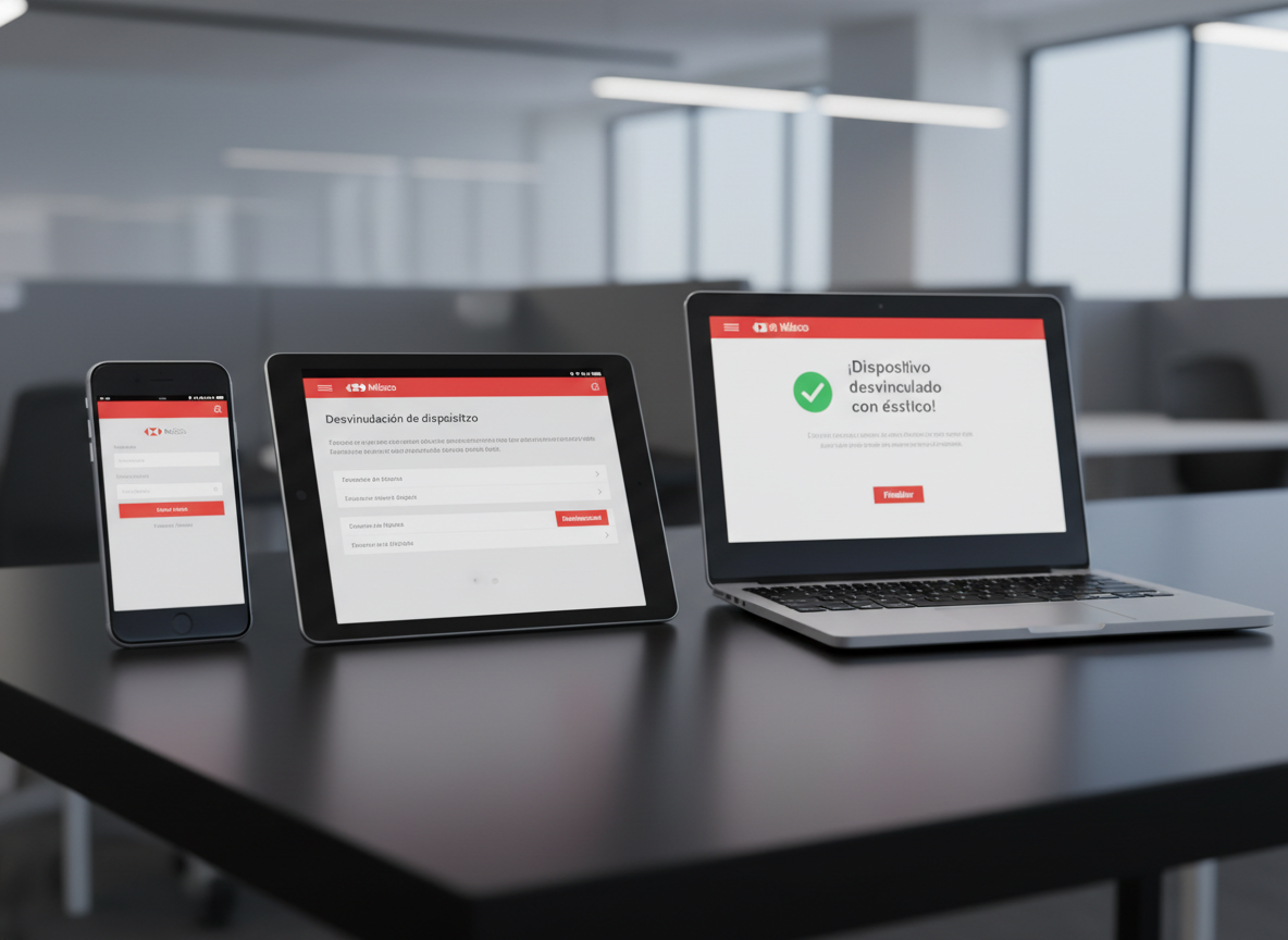 An arrangement of multiple digital devices—a smartphone, tablet, and laptop—each displaying different stages of the HSBC México app desvinculación process, from login verification to confirmation of successful unlinking. The devices are neatly aligned on a matte black desk surface that reflects subtle highlights. Cool white overhead office lighting creates soft, controlled shadows and emphasizes the screens’ clarity. Photographic realism with a wide-angle, slightly elevated composition that captures all screens in focus, conveying a comprehensive, multi-device support experience for managing and updating the HSBC app securely and professionally.
