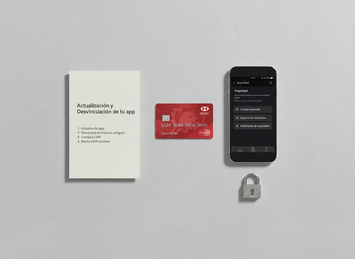 A minimalist flat-lay composition of HSBC-related objects on a smooth, light concrete surface: a branded red-and-white debit card, a smartphone showing the HSBC México security settings screen, a small lock icon keychain, and a subtle printed checklist titled “Actualización y Desvinculación de tu app.” Soft top-down studio lighting creates gentle, well-defined shadows around each object. Photographic realism with careful spacing and symmetry generates a calm, organized mood, visually representing the steps and tools needed for safely updating, unlinking, and securing the HSBC mobile application.