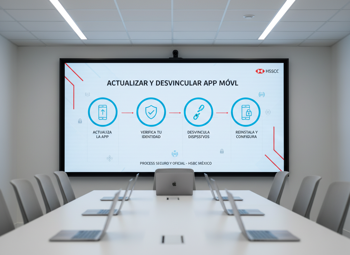 A large, wall-mounted digital display in a modern corporate meeting room showing a clean HSBC México infographic that explains the steps to update and unlink the mobile app, with numbered icons, security symbols, and red accent lines. A long white conference table and closed laptops are visible in the foreground, slightly out of focus. Neutral, bright ceiling lighting evenly illuminates the space, creating a clear, clinical look. Shot from a low, forward-facing angle with photographic realism, highlighting the display as the focal point and reinforcing a sense of structured, official guidance on the desvinculación process.