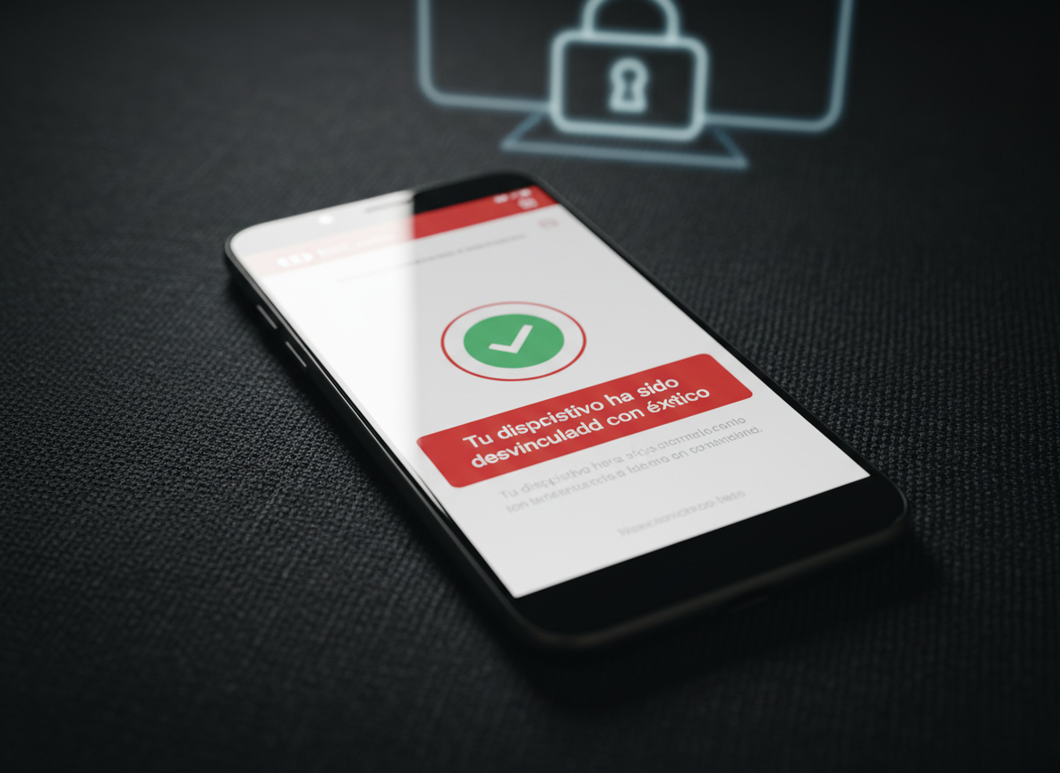 A detailed close-up of a smartphone resting on a dark, textured fabric surface, showing a confirmation screen in the HSBC México app that reads “Tu dispositivo ha sido desvinculado con éxito,” accompanied by a green checkmark within HSBC’s red-and-white UI style. A blurred background reveals only the abstract outline of a secure lock symbol on a monitor. Gentle, directional side lighting creates a focused highlight on the screen and soft falloff into shadow around the phone. Photographic, minimalist composition with strong emphasis on the message of successful, secure app unlinking and professional digital support.