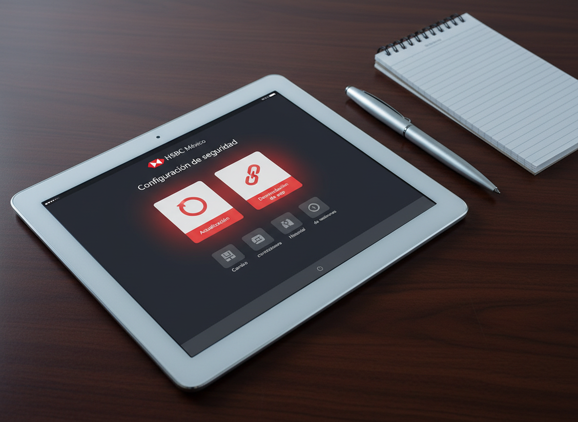A close-up of a tablet displaying a secure HSBC México settings dashboard, with icons for “Actualización” and “Desvinculación de app” highlighted in red and white. The tablet lies on a polished dark wood surface with a minimalistic notepad and pen aligned beside it. Neutral, cool-toned studio lighting illuminates the screen without glare, producing precise reflections along the tablet’s metallic edges. The atmosphere feels orderly and reassuring. Captured from a slightly elevated angle, with balanced composition and photographic realism, emphasizing the clear interface and professional support environment for managing the HSBC mobile app safely.