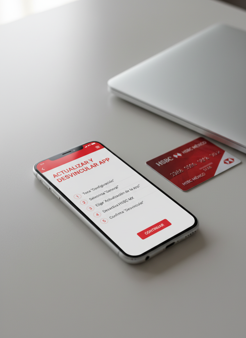 A sleek modern smartphone with the HSBC México app open on its screen, showing a clear step-by-step interface for updating and unlinking the app. The phone rests on a clean, light gray desk beside a closed, silver laptop and a neatly arranged red-and-white HSBC-branded card. Soft, diffused daylight from an unseen window creates gentle reflections on the glass screen and subtle shadows along the desk’s surface. Photographic realism with a professional, corporate aesthetic, shot at eye level with a shallow depth of field so the phone display is in crisp focus while the background softly blurs, conveying clarity, security, and trustworthy digital support.