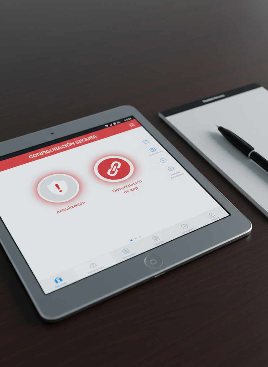 A close-up of a tablet displaying a secure HSBC México settings dashboard, with icons for “Actualización” and “Desvinculación de app” highlighted in red and white. The tablet lies on a polished dark wood surface with a minimalistic notepad and pen aligned beside it. Neutral, cool-toned studio lighting illuminates the screen without glare, producing precise reflections along the tablet’s metallic edges. The atmosphere feels orderly and reassuring. Captured from a slightly elevated angle, with balanced composition and photographic realism, emphasizing the clear interface and professional support environment for managing the HSBC mobile app safely.