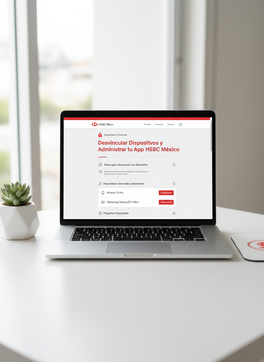 A high-resolution laptop screen showing a professional HSBC México support webpage dedicated to app unlinking and device management, with a prominent padlock icon and clean red-and-white layout. The laptop sits on a pristine white desk with only a subtle HSBC-branded mousepad and a small, minimalist desk plant for contrast. Soft, overcast natural light from the left provides even illumination, avoiding harsh shadows. Photographic style, composed using the rule of thirds, with the screen content sharply in focus and the surroundings gently softened, creating a calm, trustworthy, and expert digital help-desk atmosphere.
